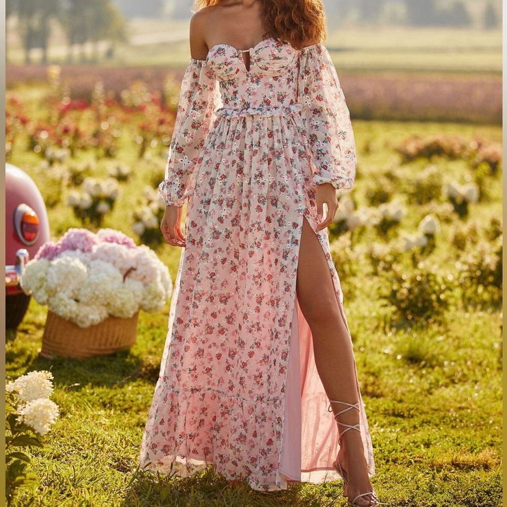 NEW Pink Floral Bridesmaid Maxi Dress Small 4 Off Shoulder Alamour the Label